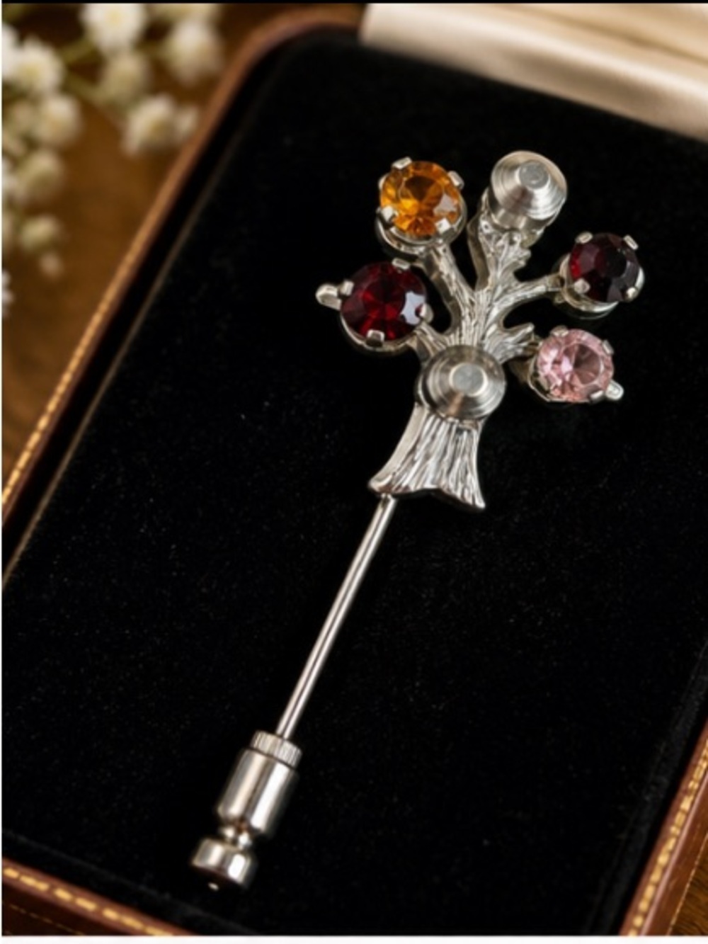 Vintage Anson Sterling Silver Rhinestone Tree Stick Pin Lapel Mid Century